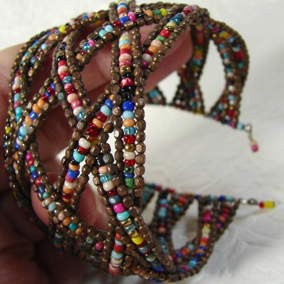 Vtg Criss Cross Wire & Bead 2" Cuff BRACELET, Bronze & Multicolored G26L - Picture 9 of 9
